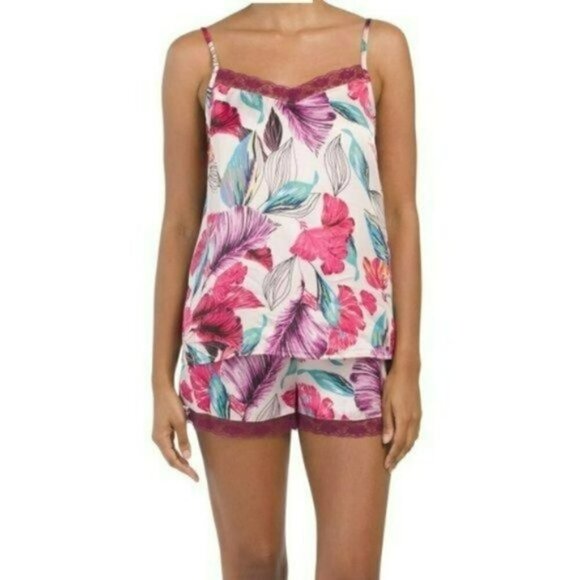 NWT Cynthia Rowley 2-Pc Floral Print Satin Lace Camisole & Shorts Pajama Set - Picture 1 of 6